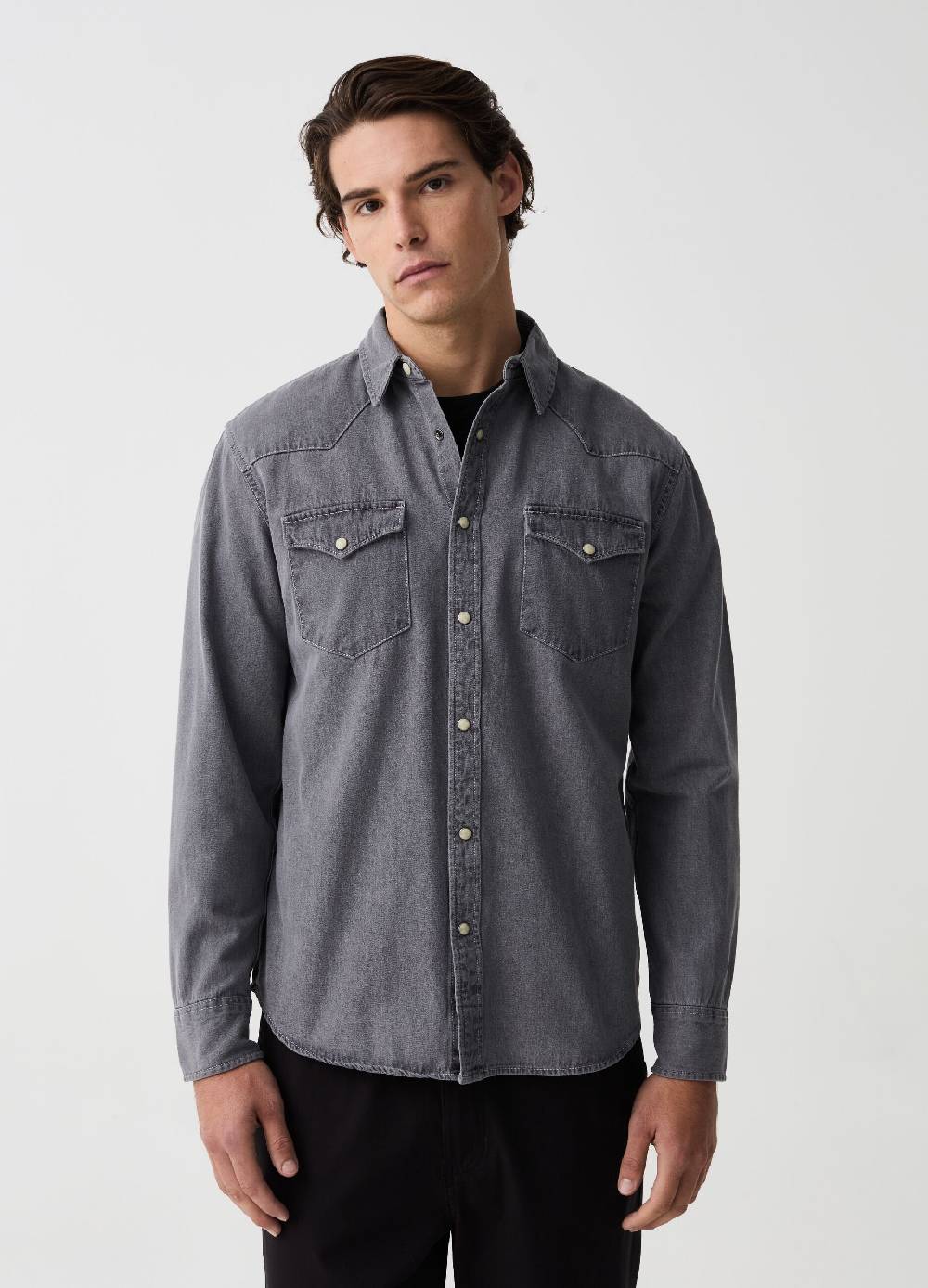 Ovs Camicia Western In Denim Con Bottoni Perlati