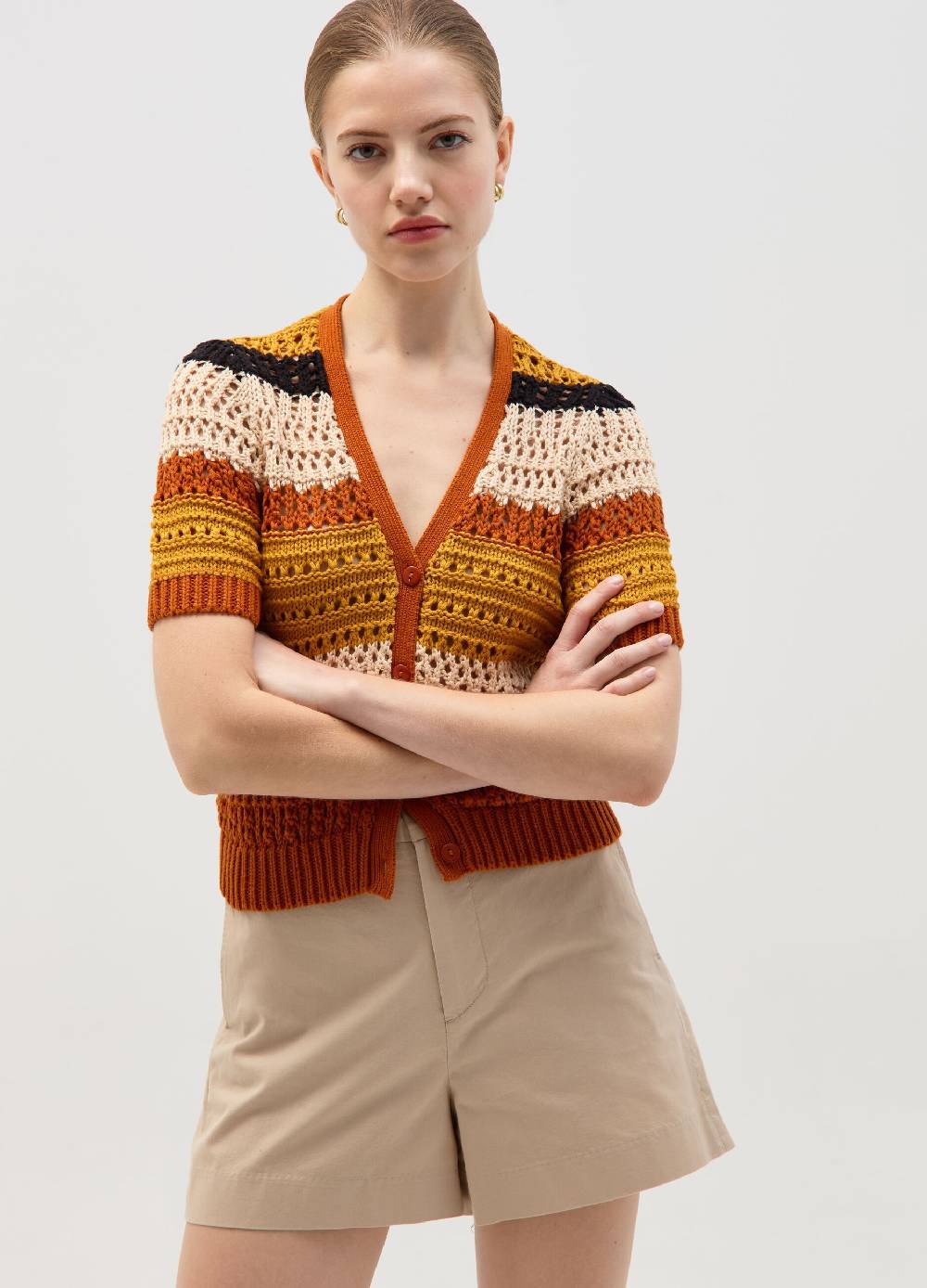 Ovs Cardigan crochet a righe con maniche corte