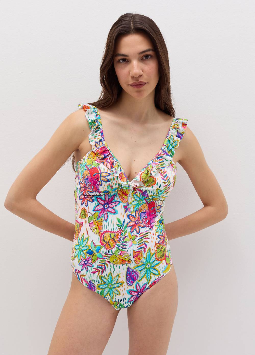 Ovs Costume intero con volant stampa tropicale