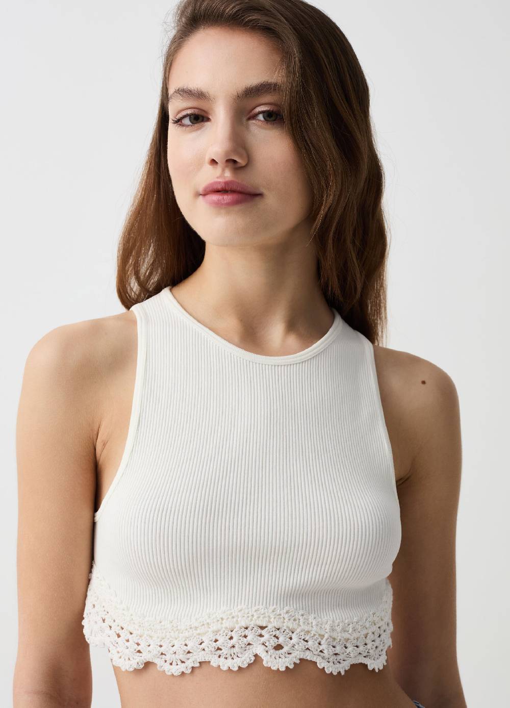 Ovs Crop Top A Costine Con Inserto Crochet
