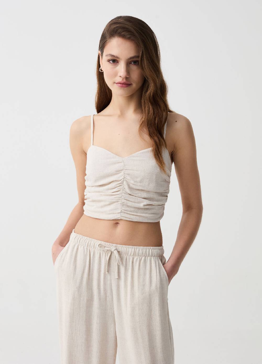 Ovs Crop top in viscosa e lino con arricciatura