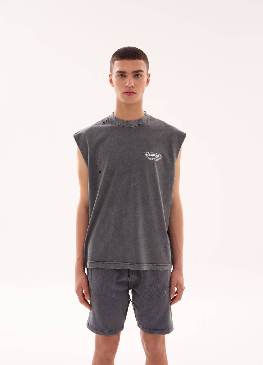 Ovs Distressed Graphic Tank Top Vintage Grey