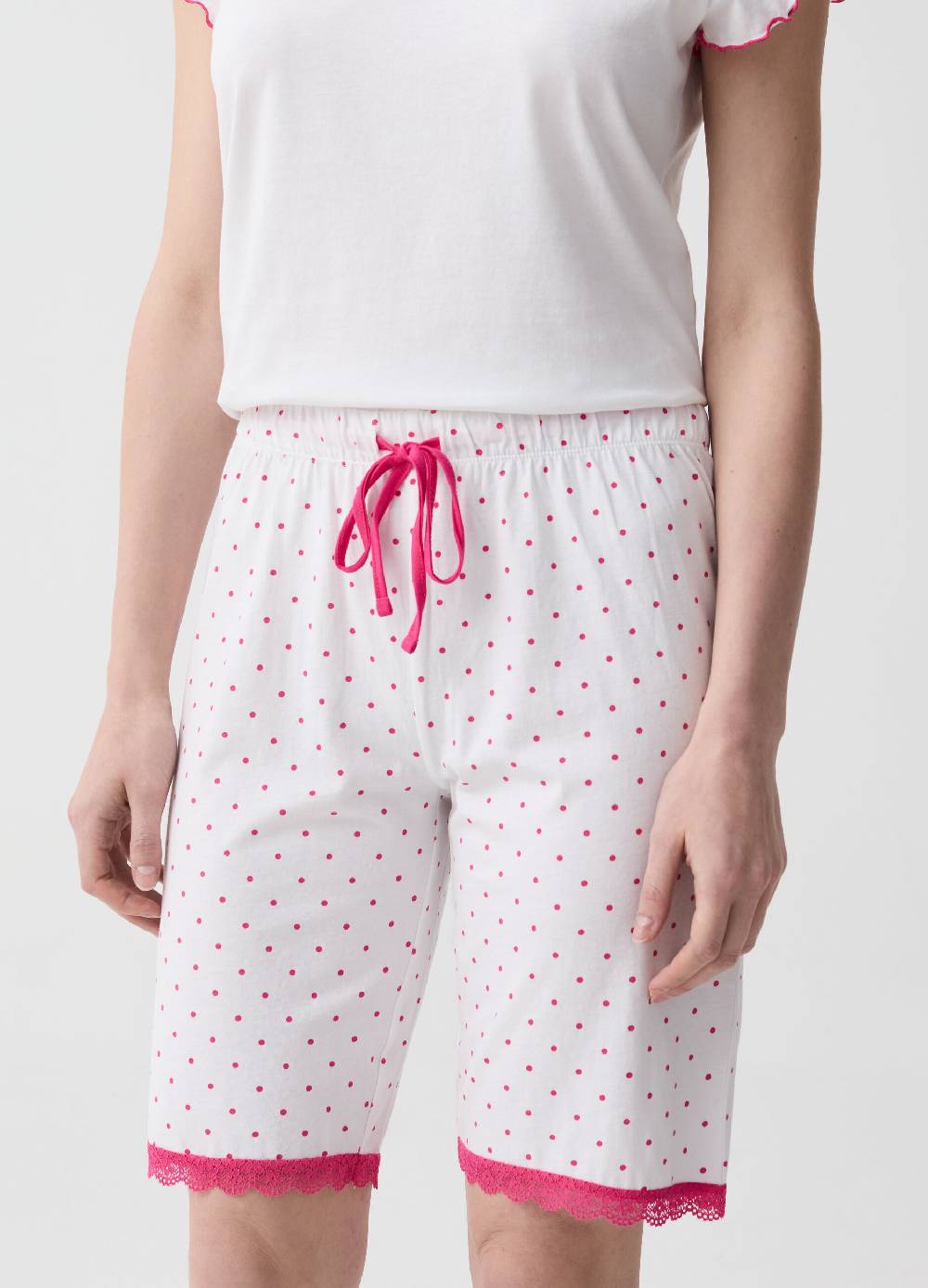 Ovs Pantalone Pigiama Corto A Pois Con Pizzo