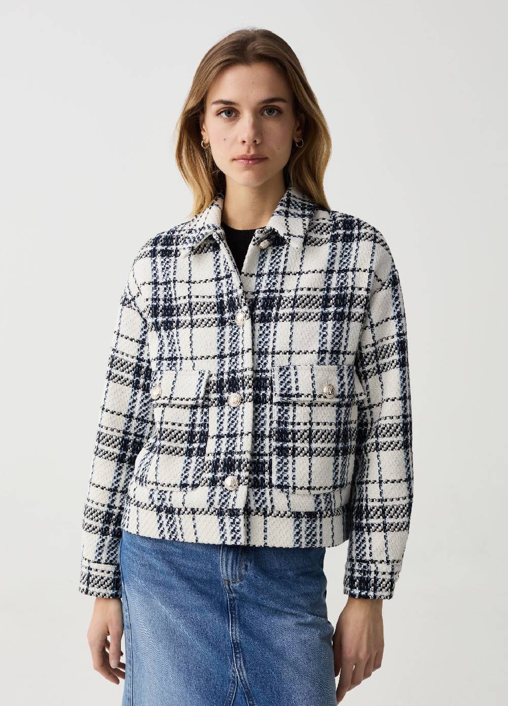 Ovs Shacket In Tweed Check Con Bottoni Lavorati