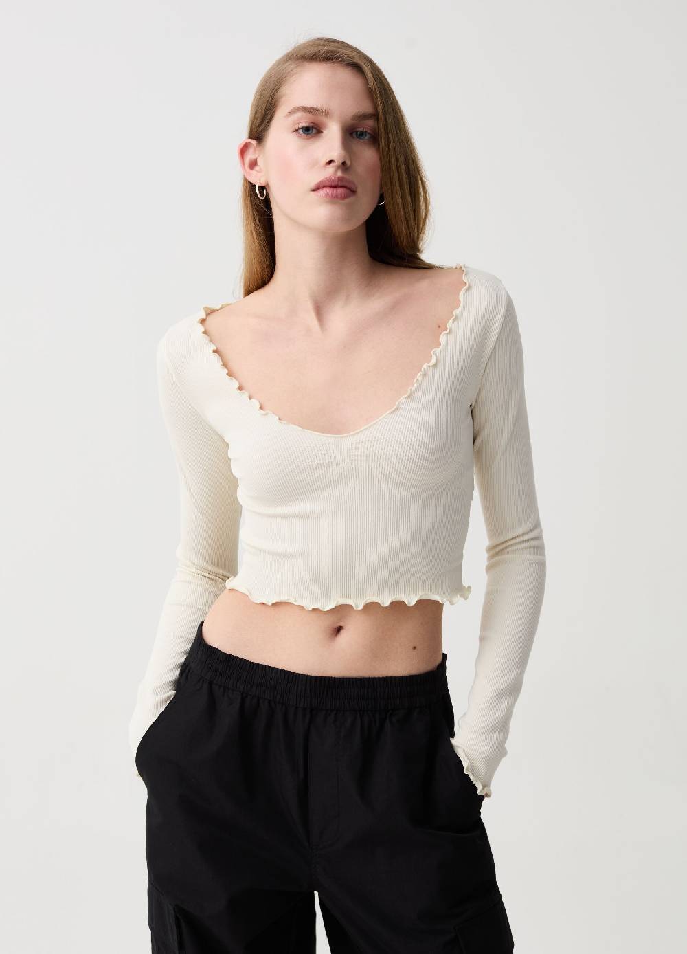 Ovs T-shirt Crop A Costine Con Profili Ondulati