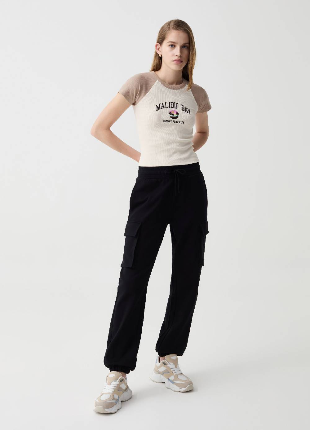 Ovs T-shirt cropped bicolore a costine