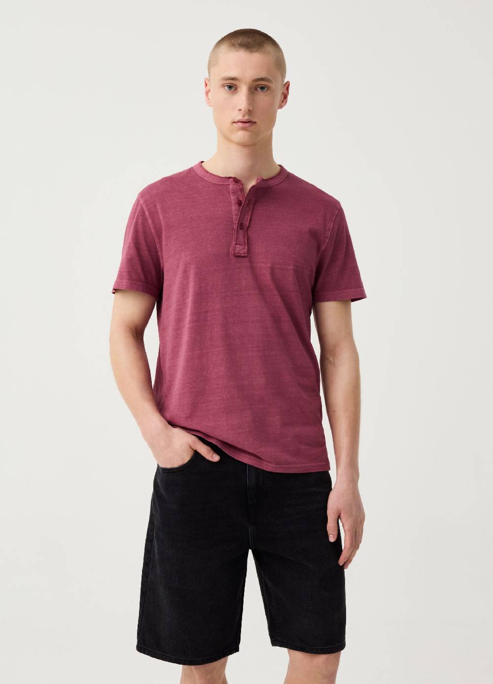Ovs T-shirt in cotone slub con scollo serafino