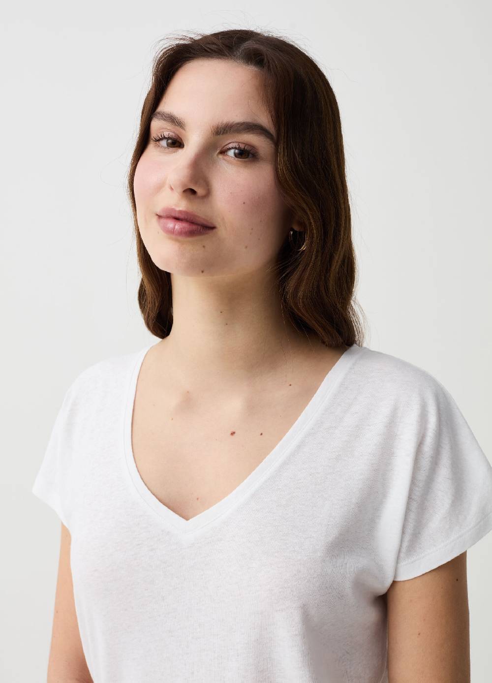 Ovs T-shirt In Lino E Cotone Con Scollo A V