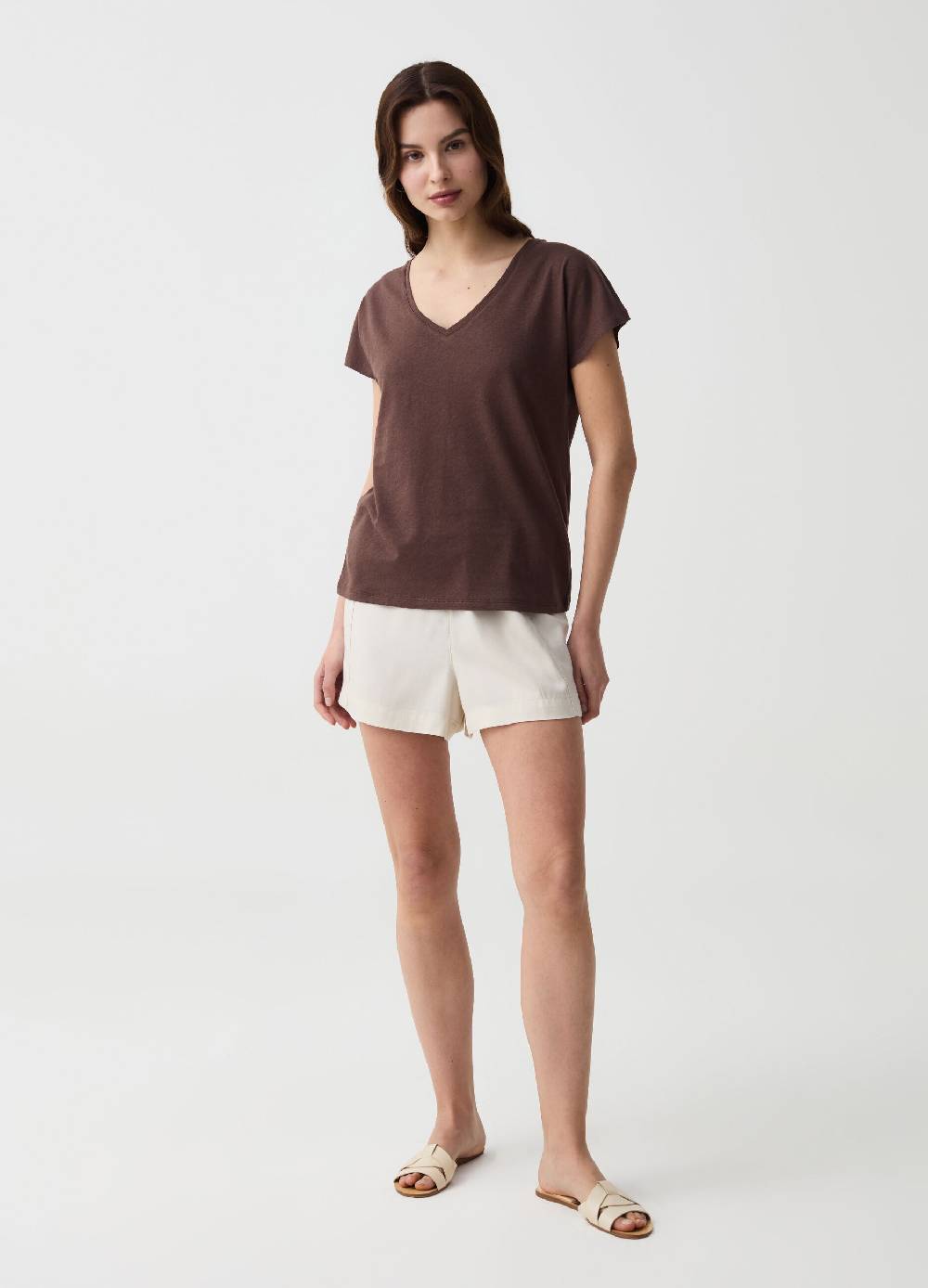 Ovs T-shirt In Lino E Cotone Con Scollo A V
