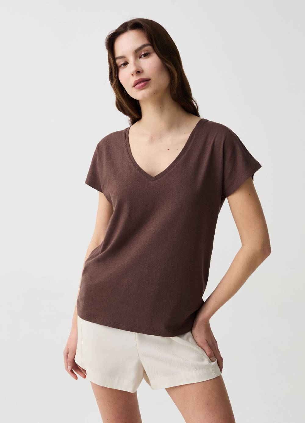 Ovs T-shirt in lino e cotone con scollo a V
