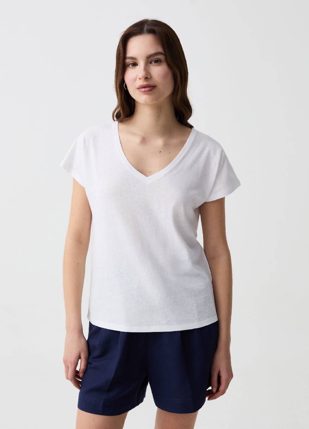 Ovs T-shirt in lino e cotone con scollo a V