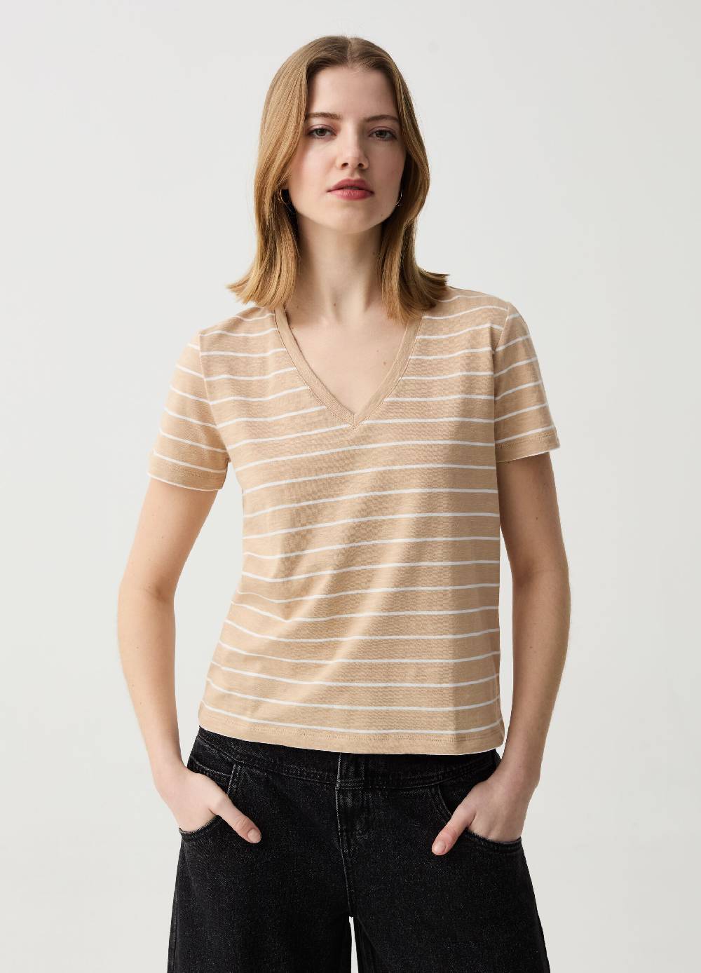 Ovs T-shirt Essential melange a righe con scollo a V