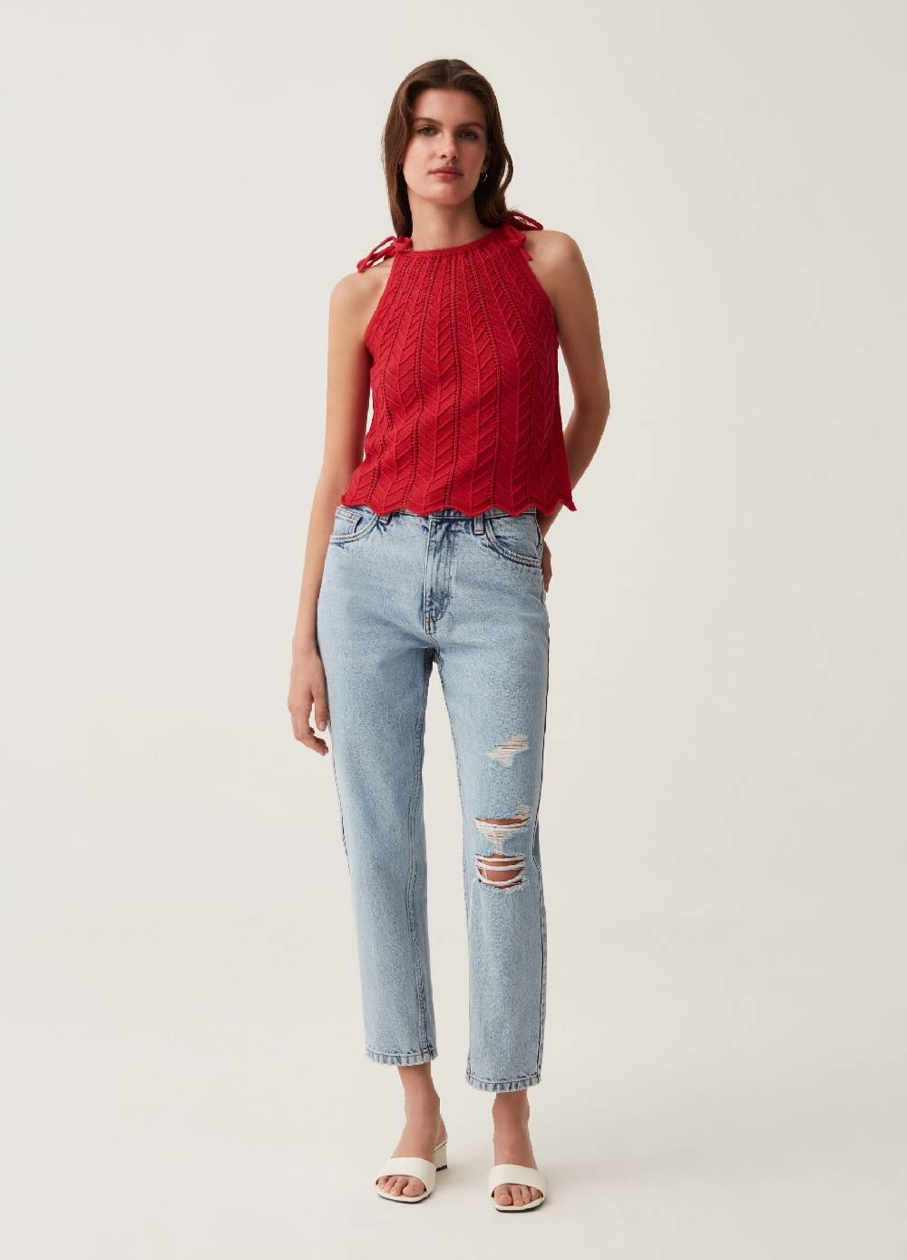Ovs Tank Top In Cotone Crochet Scollo All'americana