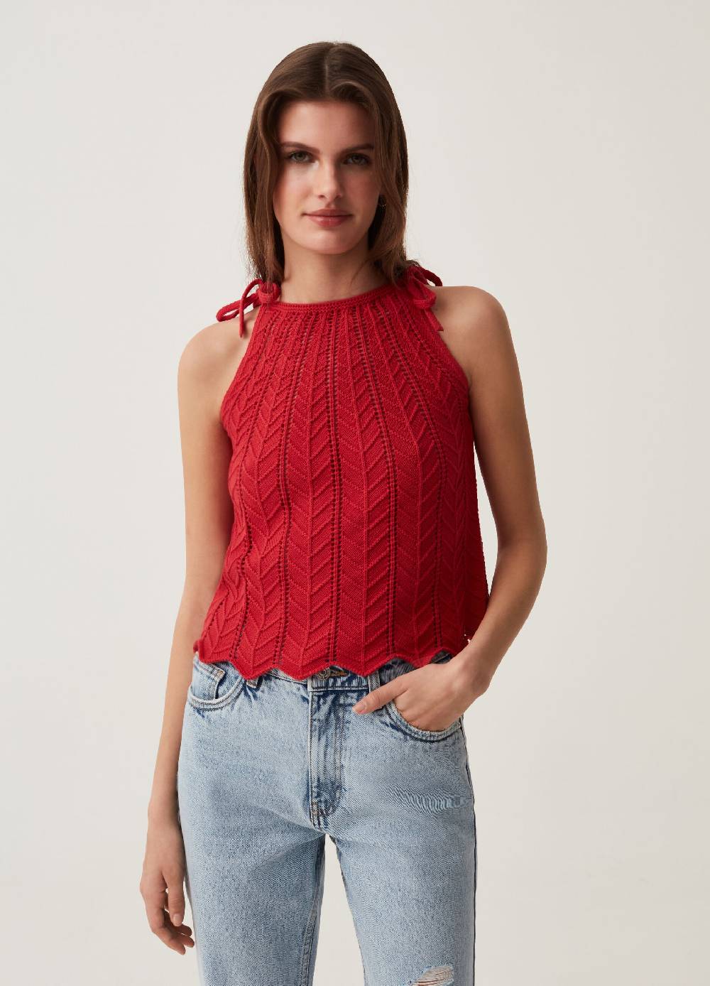 Ovs Tank top in cotone crochet scollo all'americana
