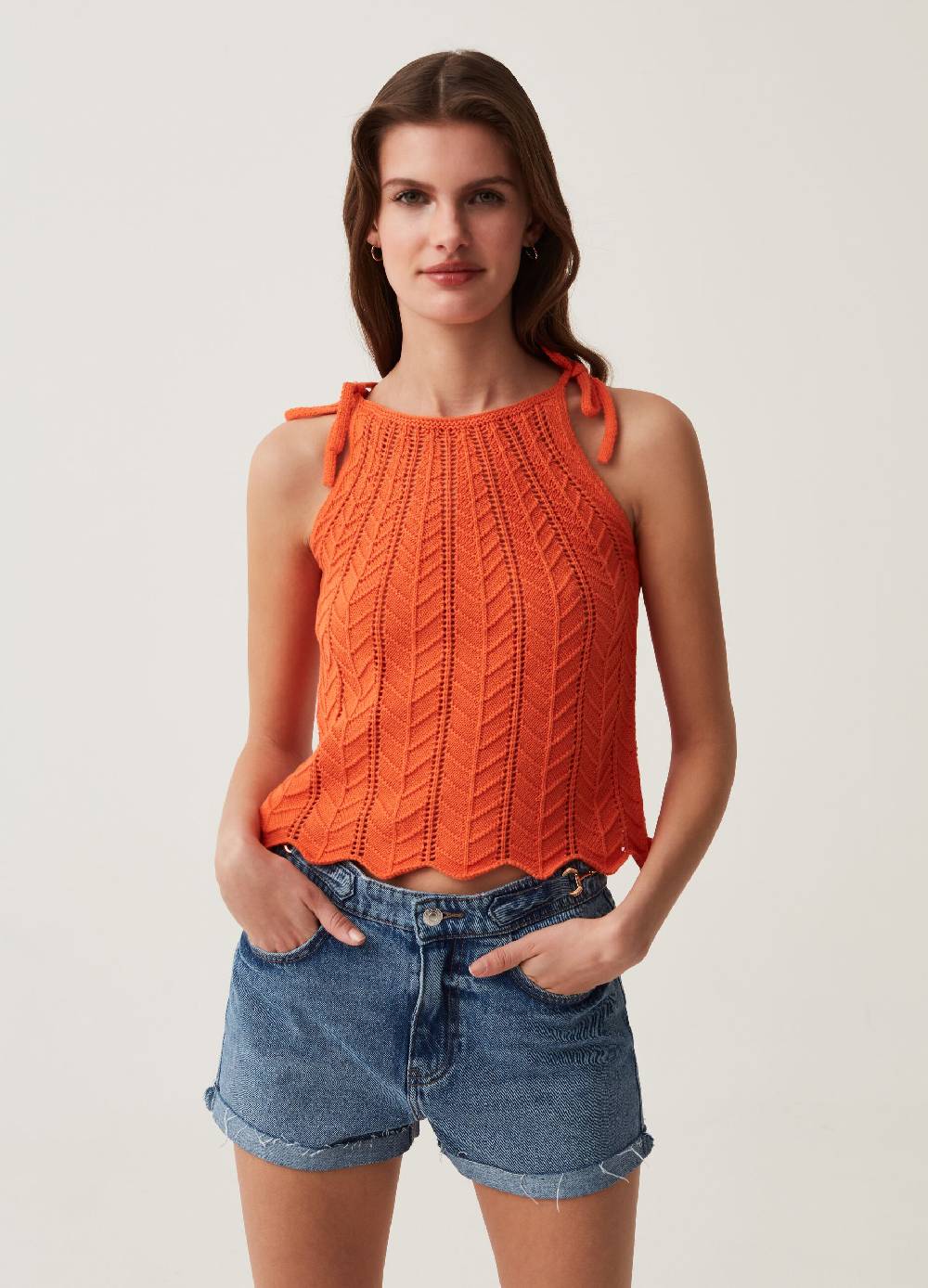 Ovs Tank top in cotone crochet scollo all'americana