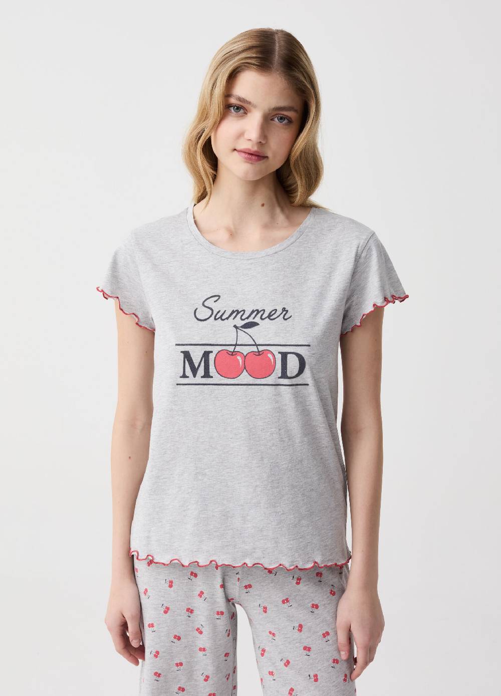 Ovs Top pigiama con profili ondulati stampa ciliegie