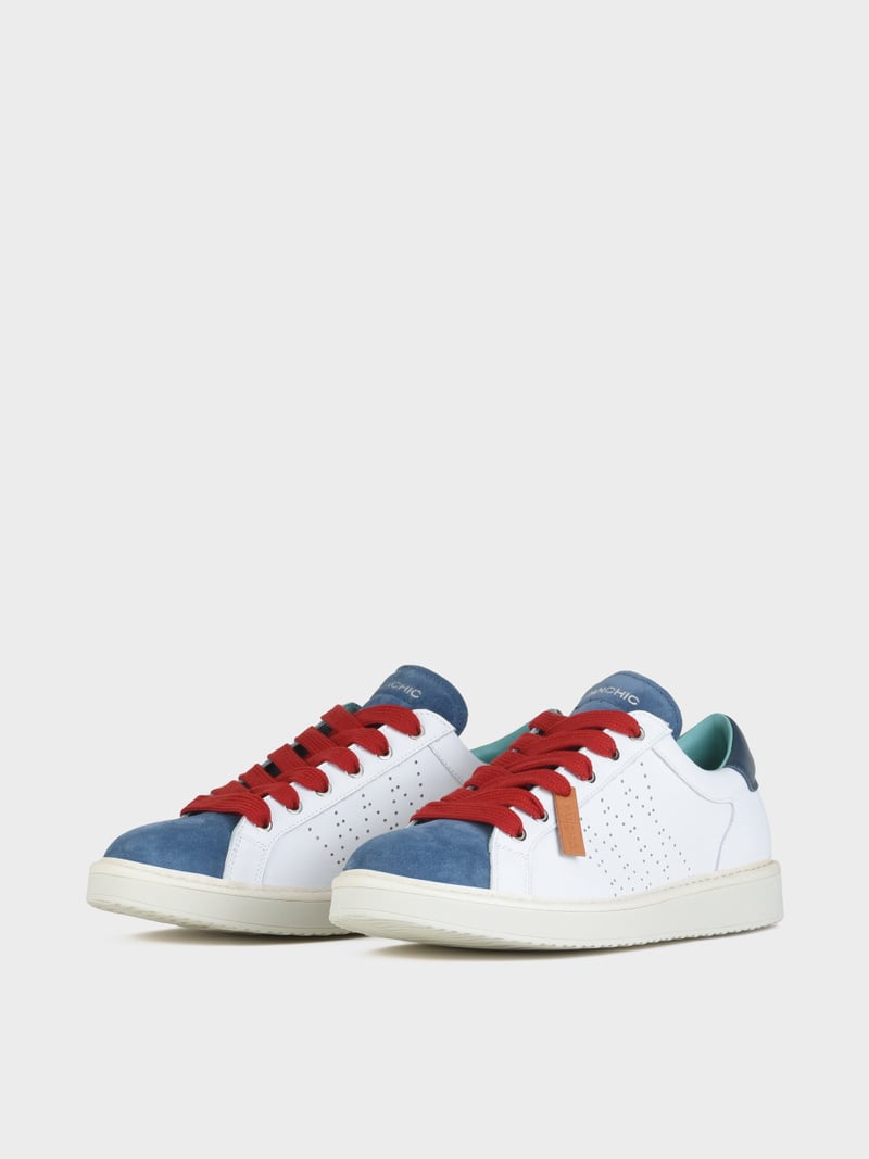 Panchic SCARPA ALLACCIATA P01 UOMO IN PELLE E SUEDE BIANCO-BLUE-ROSSO