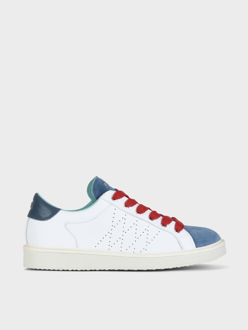 Panchic SCARPA ALLACCIATA P01 UOMO IN PELLE E SUEDE BIANCO-BLUE-ROSSO