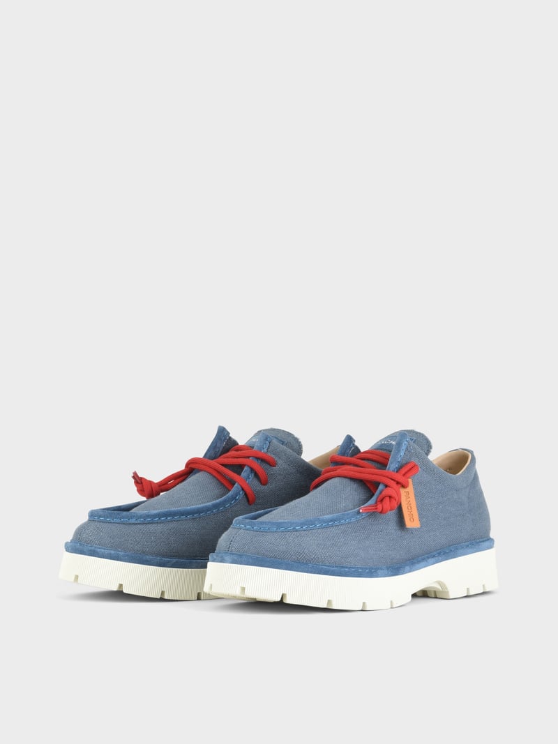 Panchic SCARPA ALLACCIATA P99 UOMO IN LINO E SUEDE BLU DENIM-ROSSO