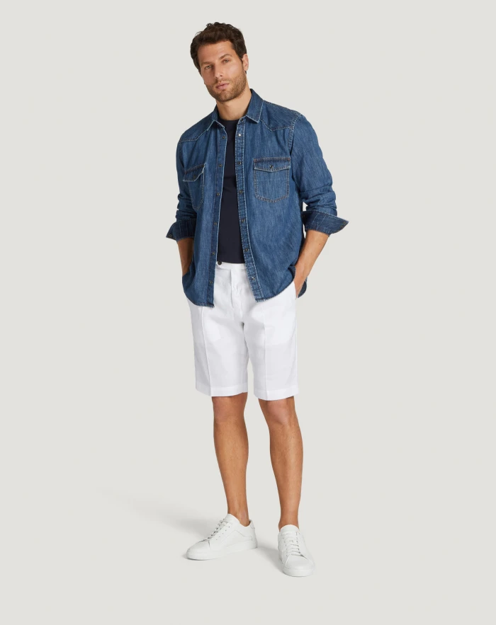 Pantaloni Torino Bermuda In Lino Stretch Délavé