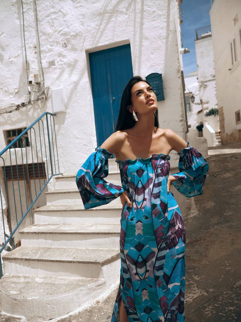 Paola T. Abito Lungo In Viscosa Stampa Palm