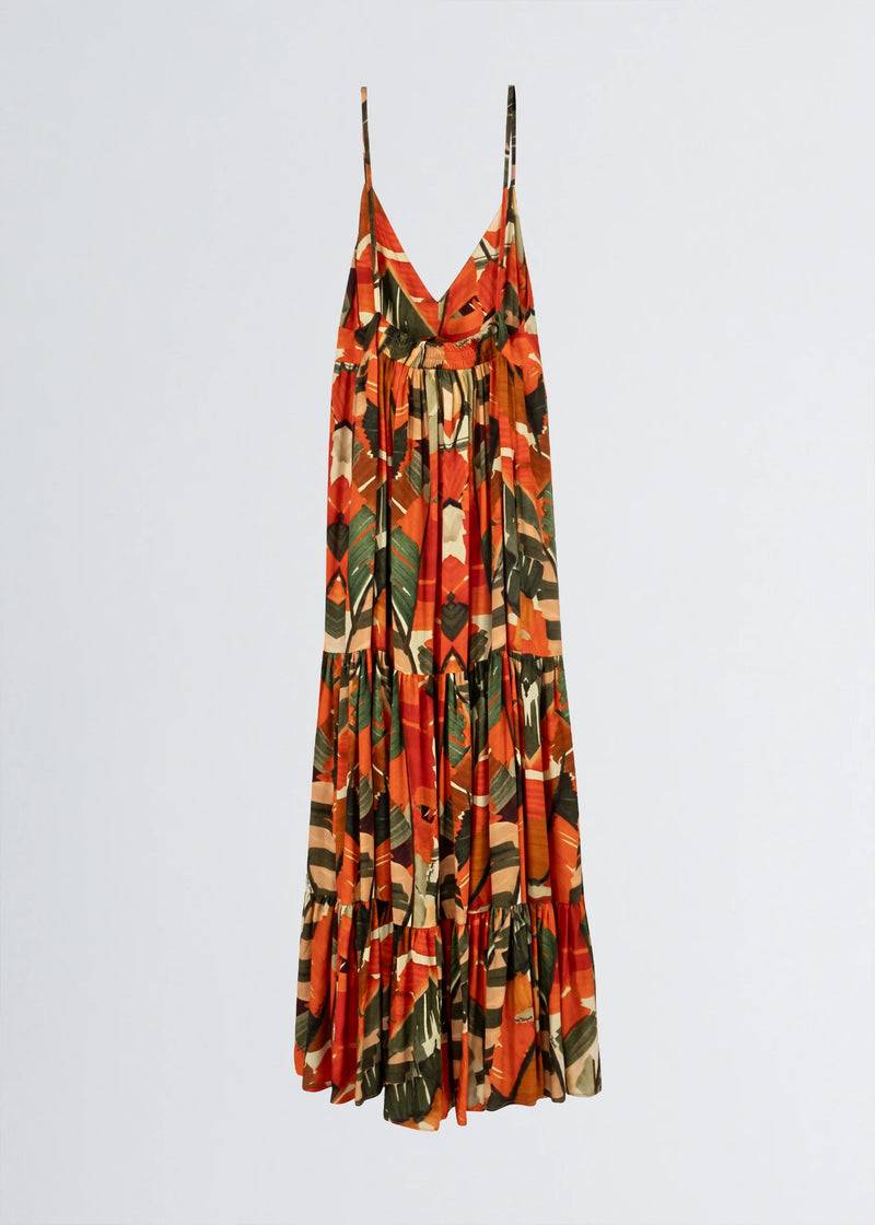 Paola T. Abito Lungo In Viscosa Stampa Palm