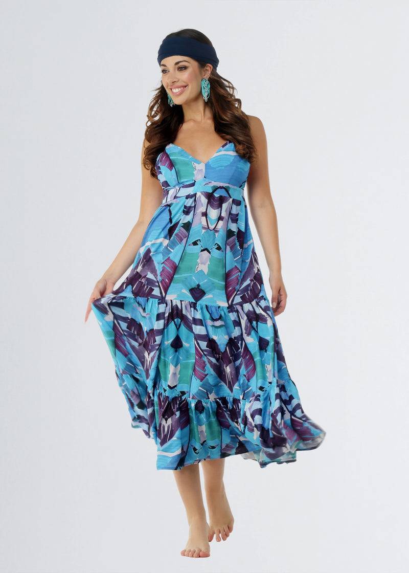 Paola T. Abito Lungo In Viscosa Stampa Palm