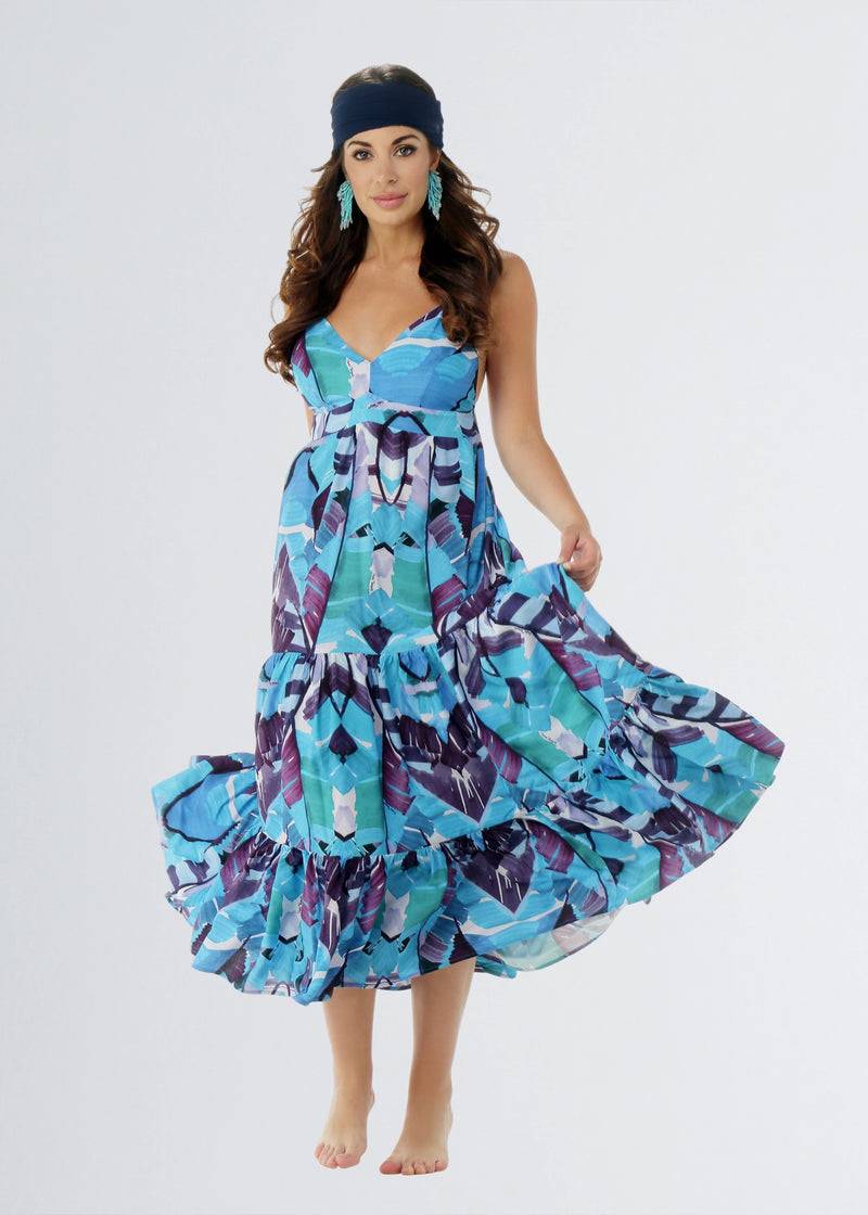 Paola T. Abito Lungo In Viscosa Stampa Palm