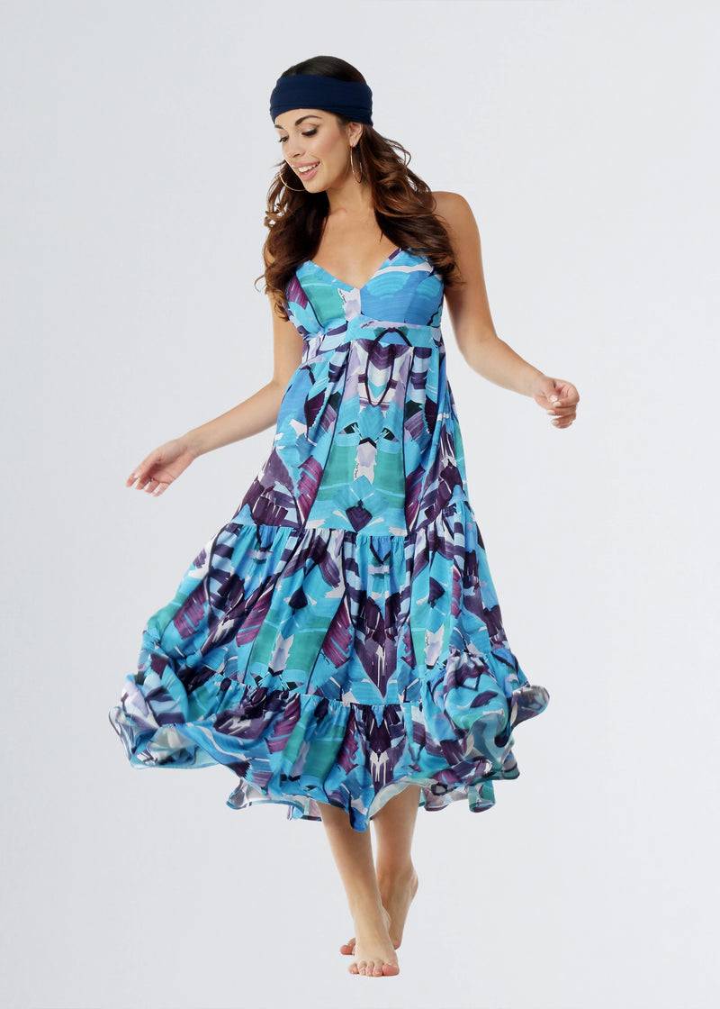 Paola T. Abito Lungo In Viscosa Stampa Palm