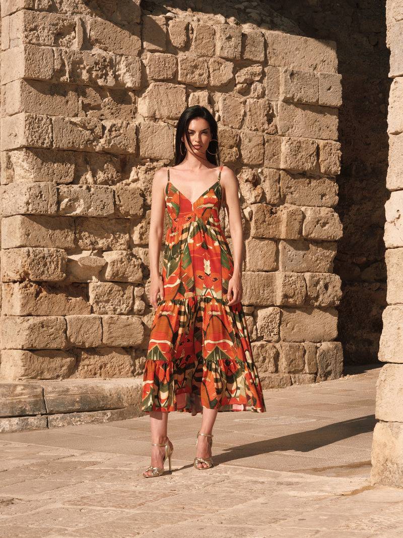 Paola T. Abito Lungo In Viscosa Stampa Palm