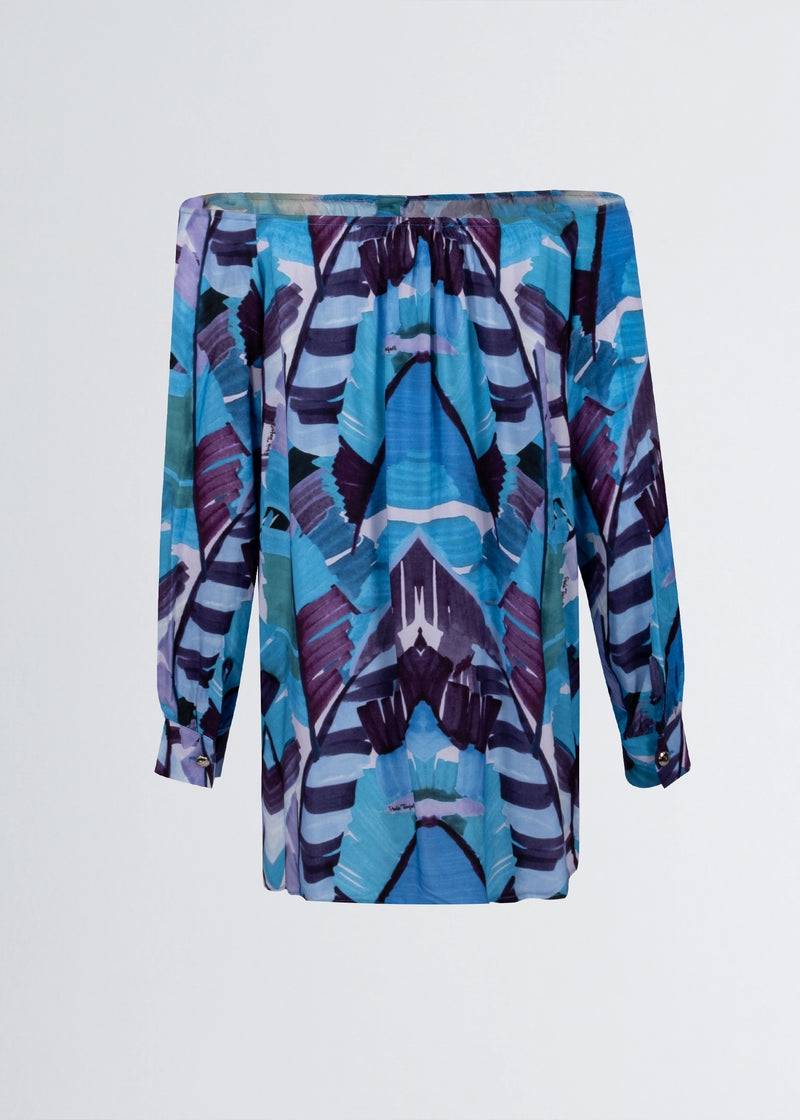 Paola T. Camicia In Viscosa Stampa Palm Blue