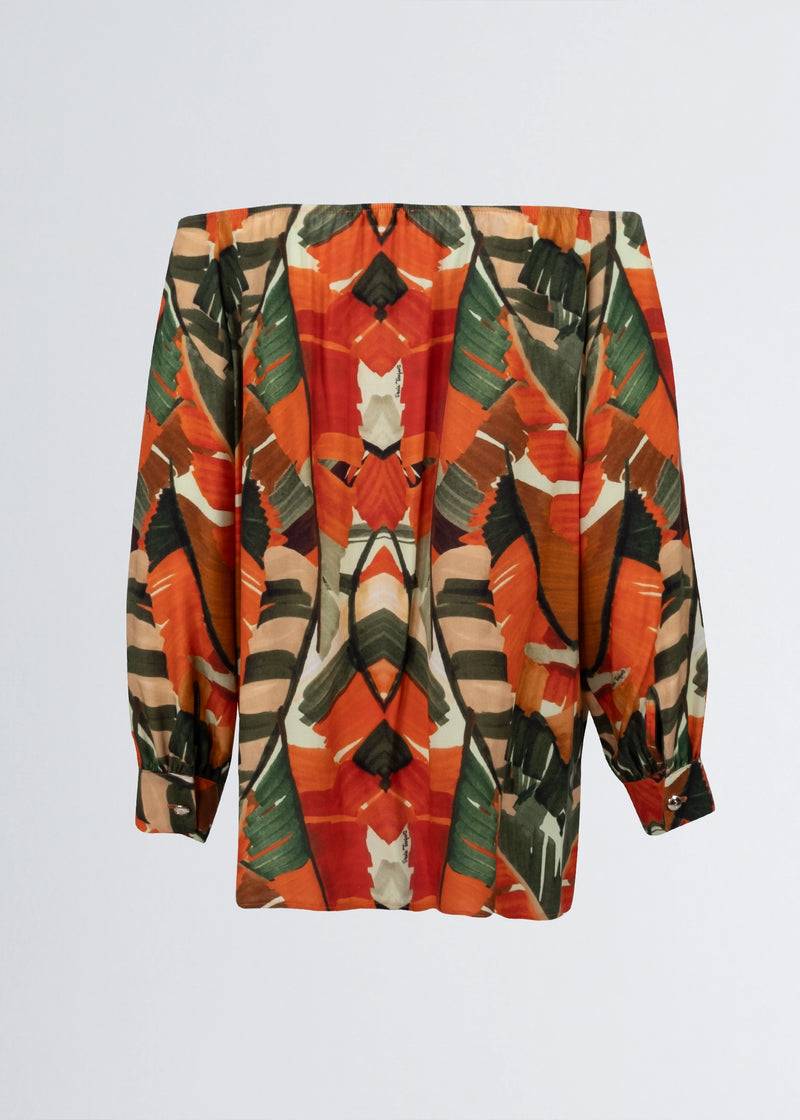 Paola T. Camicia In Viscosa Stampa Palm Orange