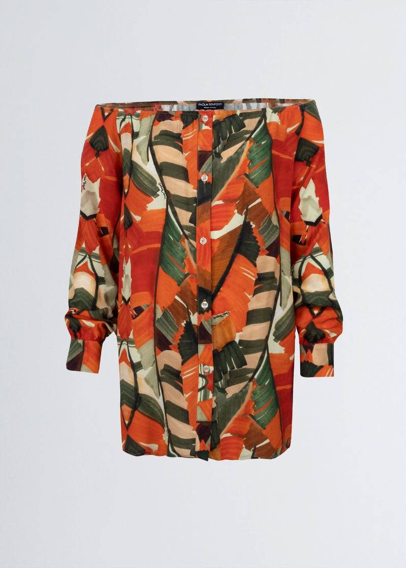 Paola T. Camicia In Viscosa Stampa Palm Orange