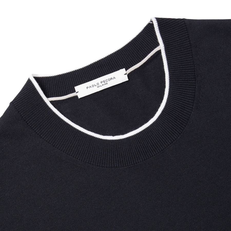 Paolo Pecora Maglia Girocollo In Cotone Extrafine - Nero Con Dettagli Bianchi