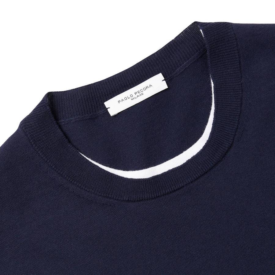 Paolo Pecora Maglia Girocollo In Puro Cotone Extrafine - Blu Navy Con Dettagli Bianchi