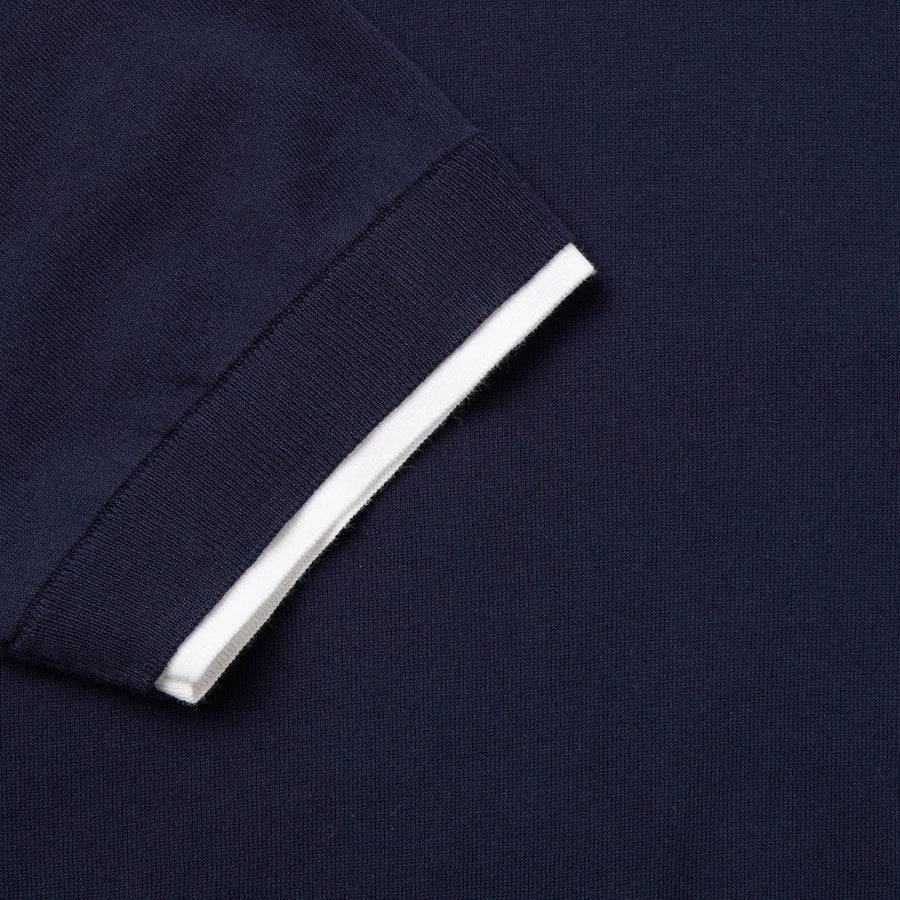 Paolo Pecora Maglia Girocollo In Puro Cotone Extrafine - Blu Navy Con Dettagli Bianchi