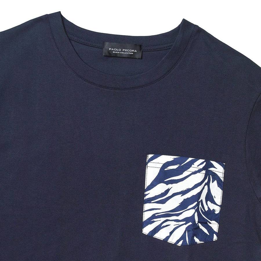 Paolo Pecora T-Shirt Blue Navy Con Taschino Fantasia Foglia
