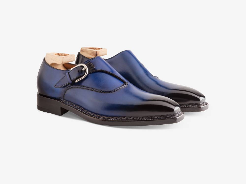Paolo Sartori Single Monkstrap In Antiqued Cobalto Leather Mono Fibbia In Pelle Anticata Cobalto