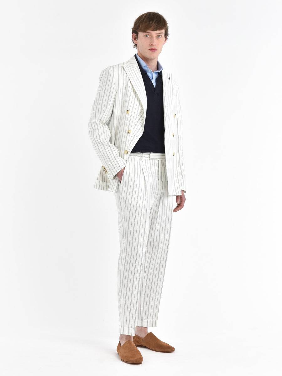 Paoloni Pantalone Baggy Gessato Cotone Lino