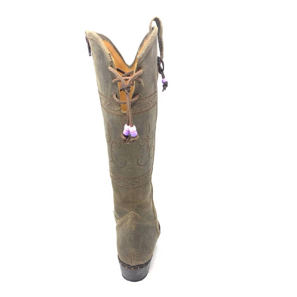 Passion Blanche Texano Alto Pelle Vintage + Ricamo Fiore E Suola In Cuoio