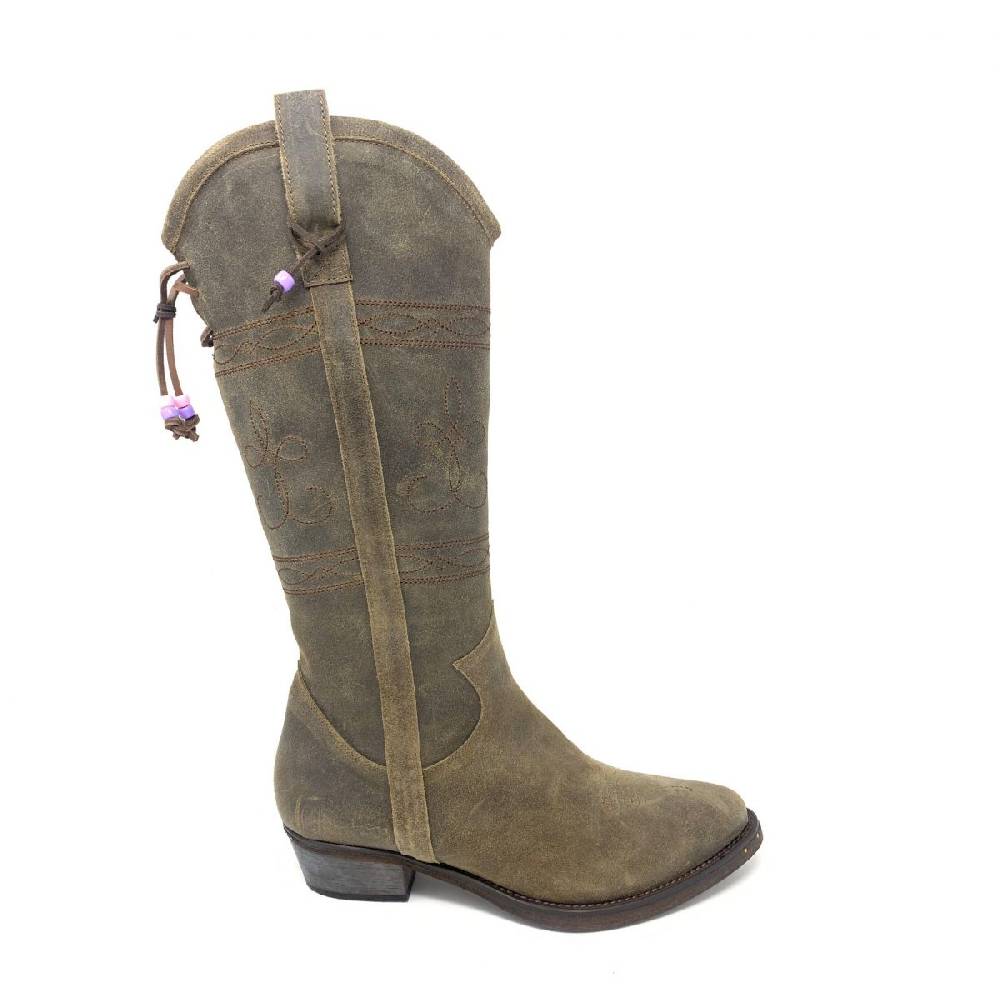 Passion Blanche Texano alto pelle vintage + ricamo fiore e suola in cuoio