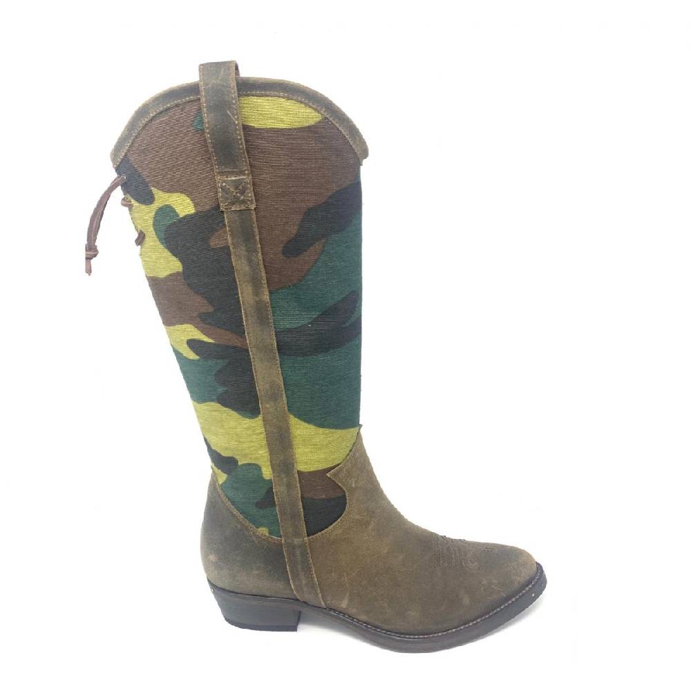 Passion Blanche Texano alto pelle vintage + tessuto mimetico e suola in cuoio