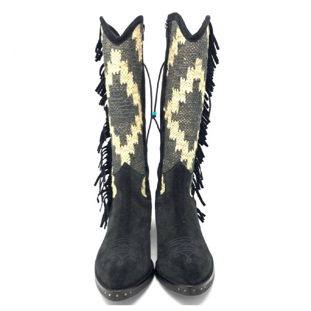 Passion Blanche Texano Crosta Nera E Kilim Suola Cuoio