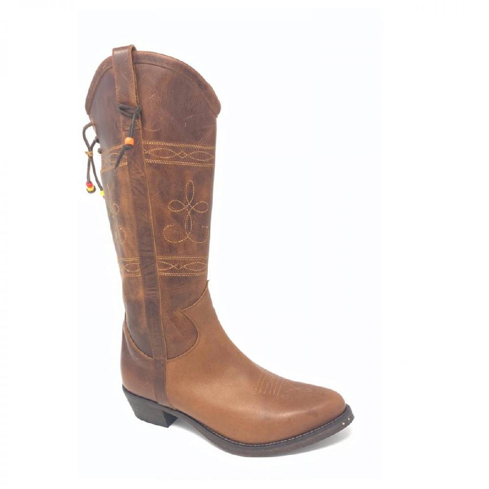 Passion Blanche Texano Flowers Pelle Cuoio Invecchiato + Ricamo Cuoio Suola In Cuoio