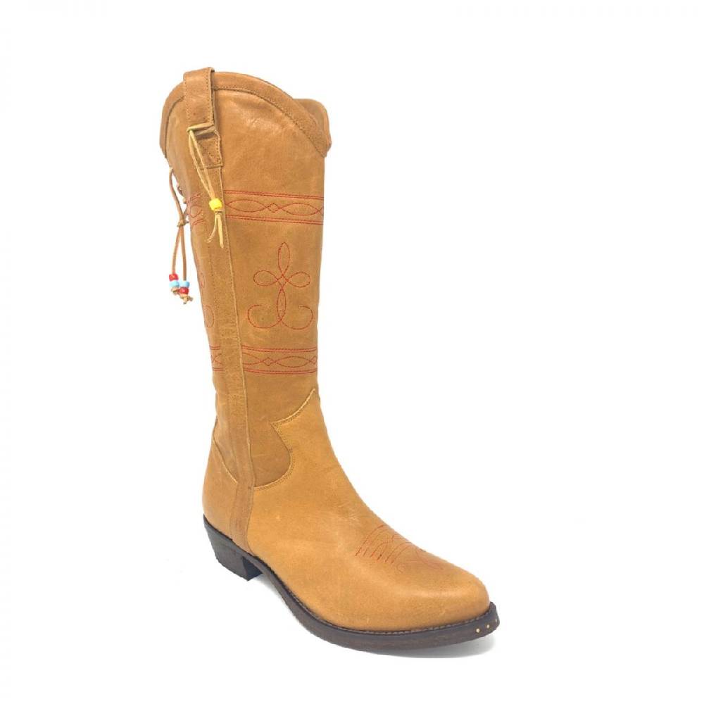 Passion Blanche Texano Flowers Pelle Cuoio + Ricamo Rosso Suola In Cuoio