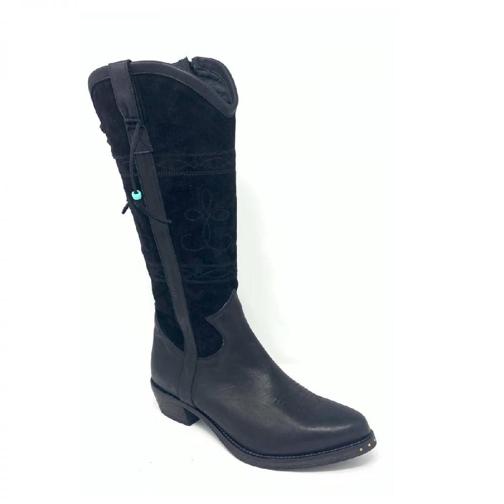 Passion Blanche Texano Flowers Pelle Nera + Crosta Nera E Suola In Cuoio