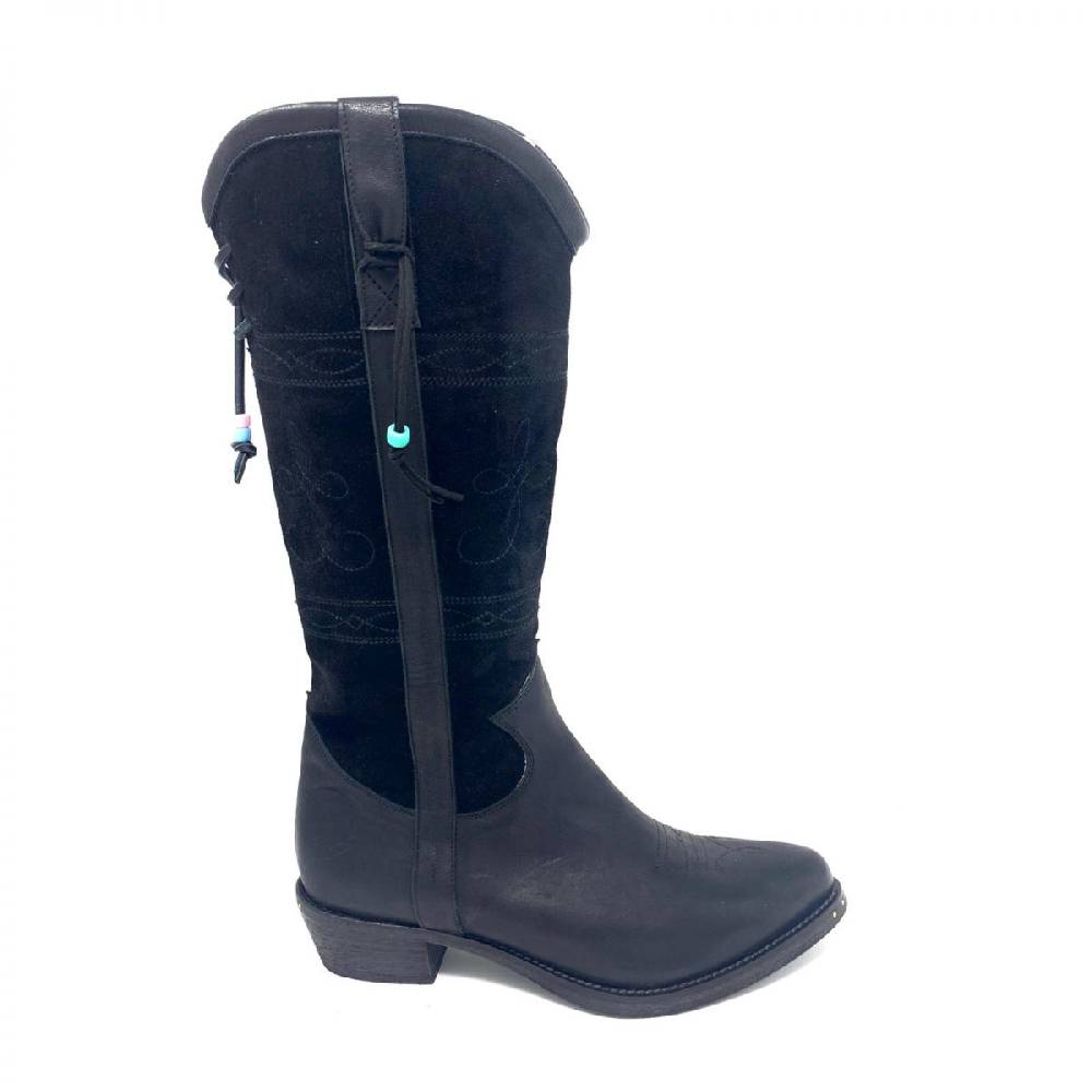 Passion Blanche Texano Flowers Pelle nera + crosta nera e suola in cuoio