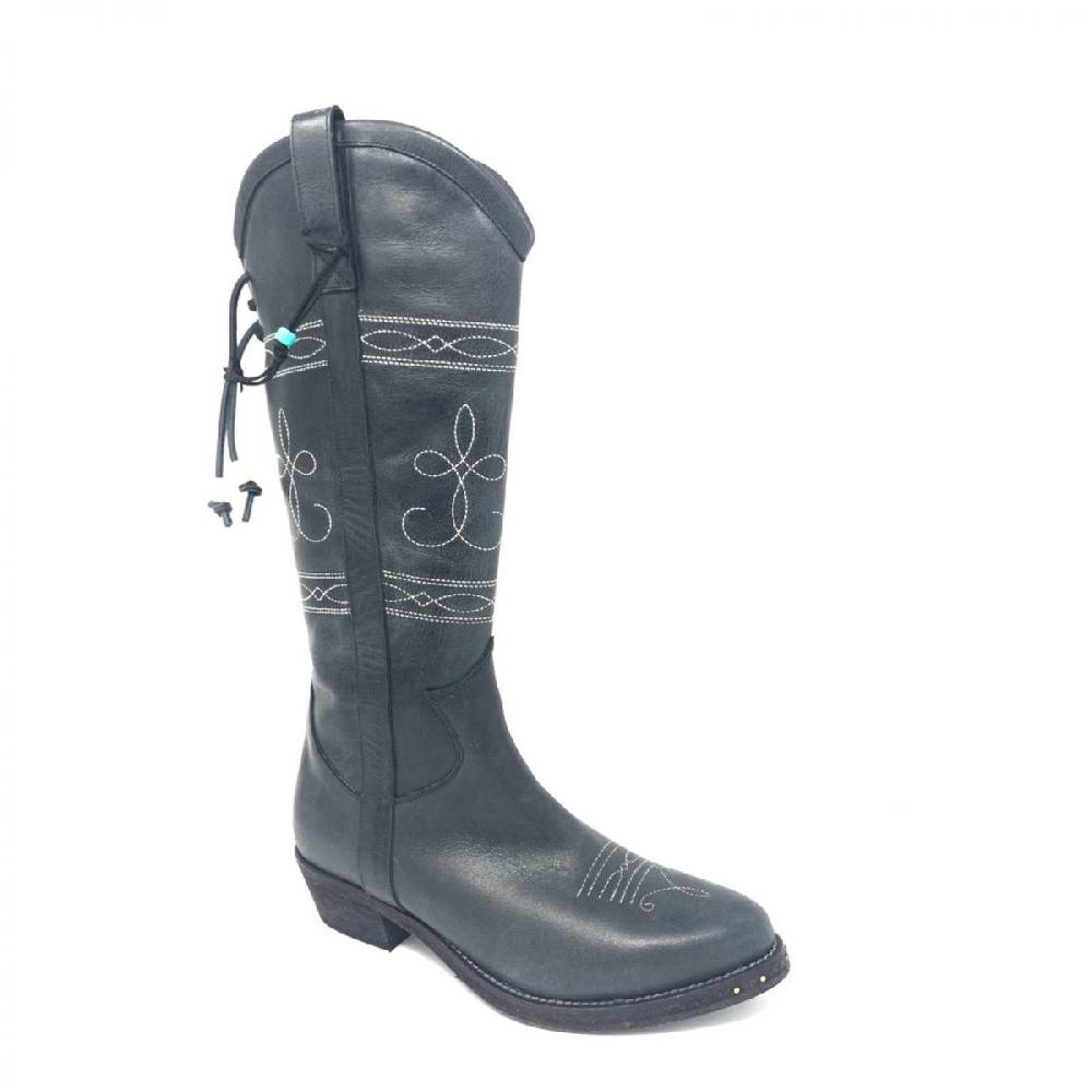 Passion Blanche Texano Flowers Pelle Nera + Ricamo Bianco Suola In Cuoio