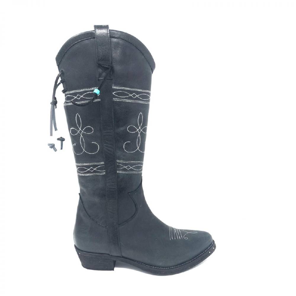 Passion Blanche Texano Flowers Pelle Nera + ricamo bianco suola in cuoio