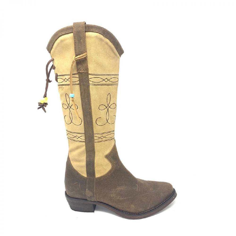 Passion Blanche Texano Flowers pelle vintage cammello + crosta grano e suola in cuoio